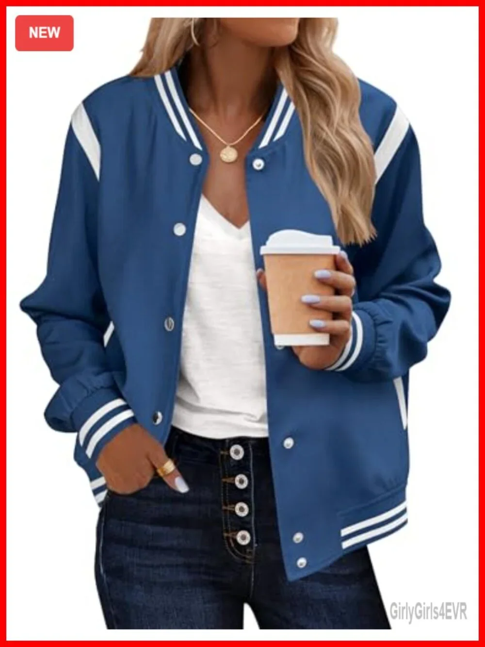 Women's Bomber Jacket Varsity Snap Button Lightweight Casual Letterman with